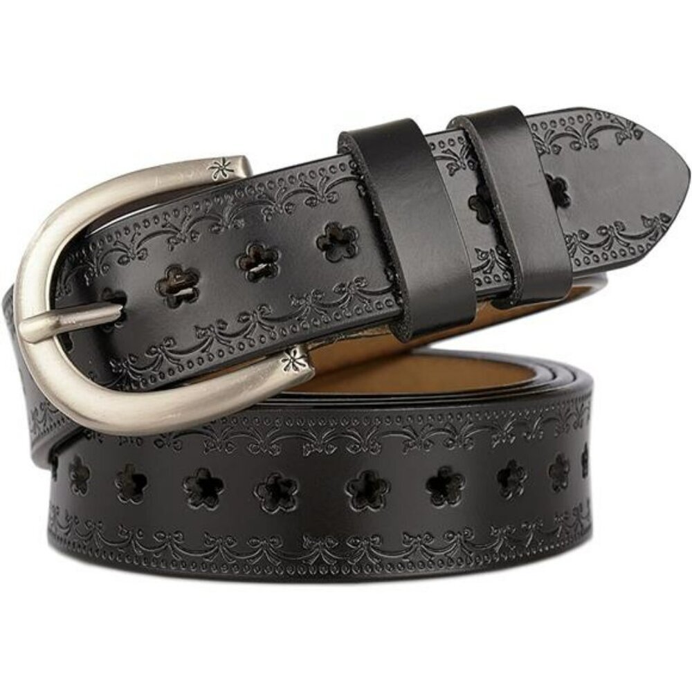 Womens leather belt adjustable hollow flower waist belt for jeans pants dresses